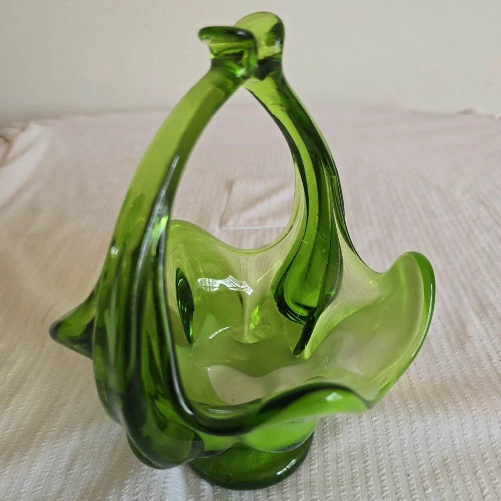 MCM 1960 Emerald Green and White Handblown Glass Basket Candy Dish Bohemian Form